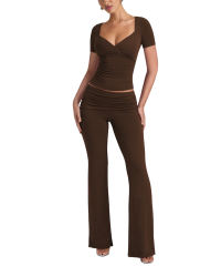 Coffee Pleated Detail Slim Fit Short Sleeve Top and Flare Pants Set