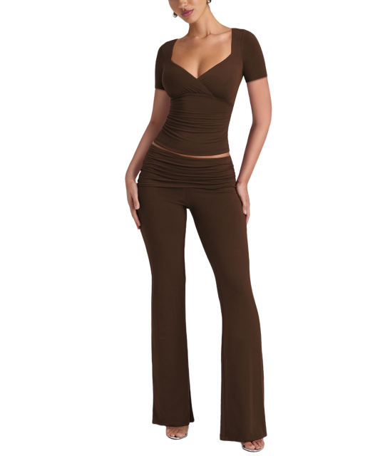 Coffee Pleated Detail Slim Fit Short Sleeve Top and Flare Pants Set