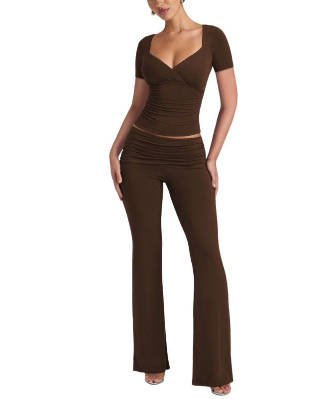 Coffee Pleated Detail Slim Fit Short Sleeve Top and Flare Pants Set
