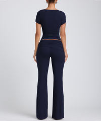 Navy Blue Pleated Detail Slim Fit Short Sleeve Top and Flare Pants Set