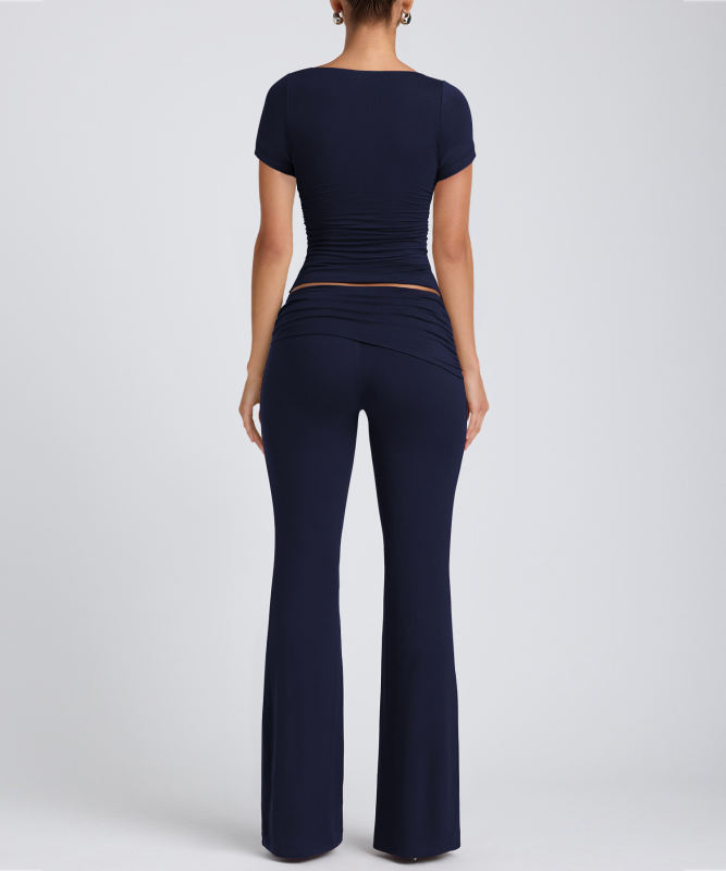 Navy Blue Pleated Detail Slim Fit Short Sleeve Top and Flare Pants Set