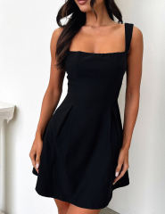 Black Square Neck Back Lace-up Sleeveless Mini Dress