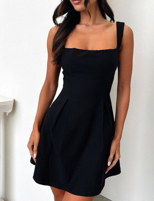 Black Square Neck Back Lace-up Sleeveless Mini Dress