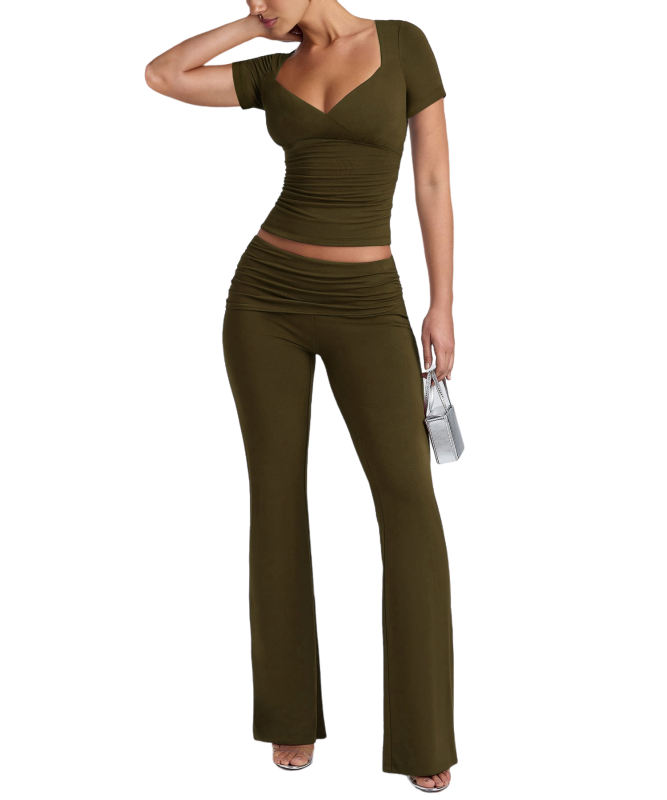 Army Green Pleated Detail Slim Fit Short Sleeve Top and Flare Pants Set