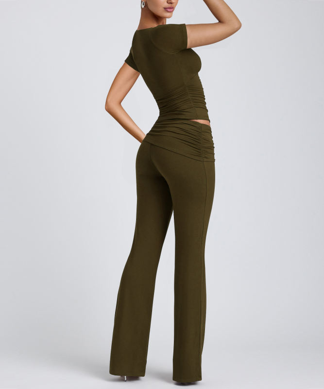 Army Green Pleated Detail Slim Fit Short Sleeve Top and Flare Pants Set