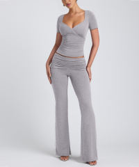 Grey Pleated Detail Slim Fit Short Sleeve Top and Flare Pants Set