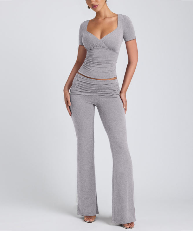 Grey Pleated Detail Slim Fit Short Sleeve Top and Flare Pants Set