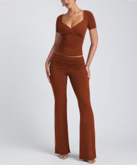 Reddish Brown Pleated Detail Slim Fit Short Sleeve Top and Flare Pants Set