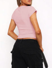 Pink Lapel V Neck Short Sleeve Knit Crop Tops