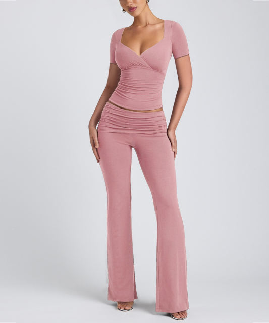 Pink Pleated Detail Slim Fit Short Sleeve Top and Flare Pants Set