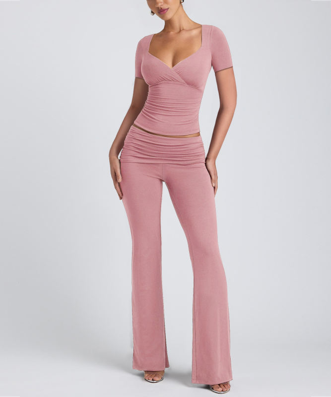 Pink Pleated Detail Slim Fit Short Sleeve Top and Flare Pants Set