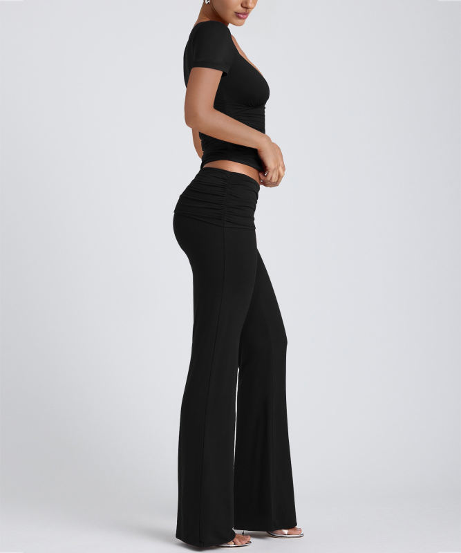 Black Pleated Detail Slim Fit Short Sleeve Top and Flare Pants Set