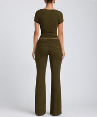 Army Green Pleated Detail Slim Fit Short Sleeve Top and Flare Pants Set