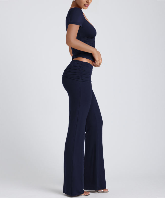 Navy Blue Pleated Detail Slim Fit Short Sleeve Top and Flare Pants Set
