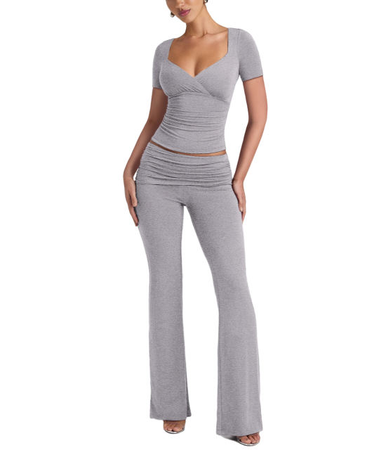 Grey Pleated Detail Slim Fit Short Sleeve Top and Flare Pants Set