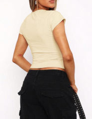 Apricot Lapel V Neck Short Sleeve Knit Crop Tops