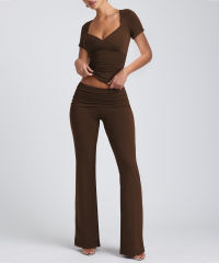Coffee Pleated Detail Slim Fit Short Sleeve Top and Flare Pants Set