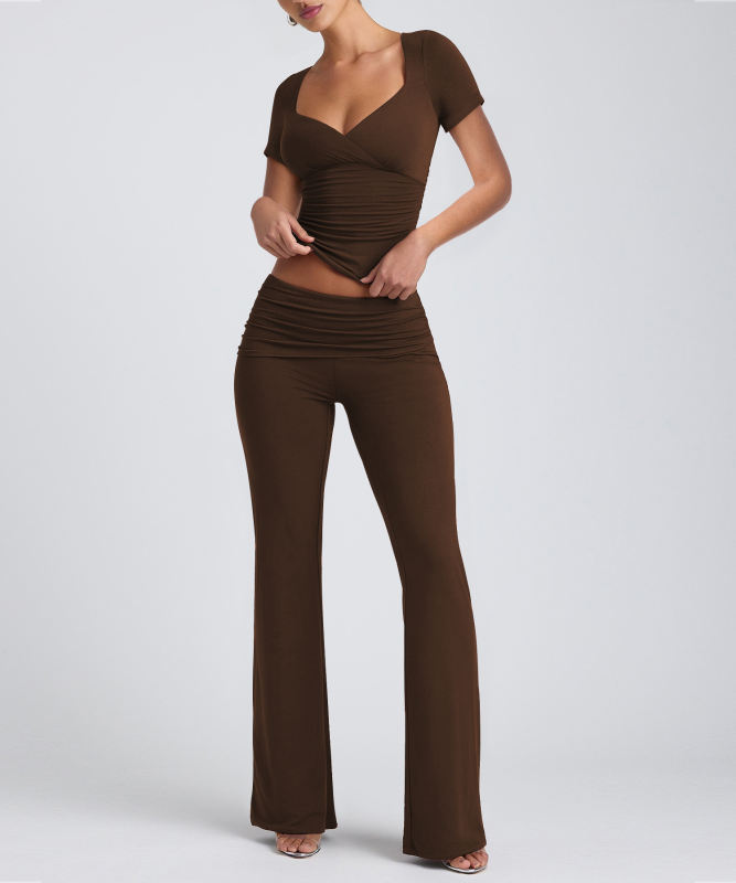 Coffee Pleated Detail Slim Fit Short Sleeve Top and Flare Pants Set