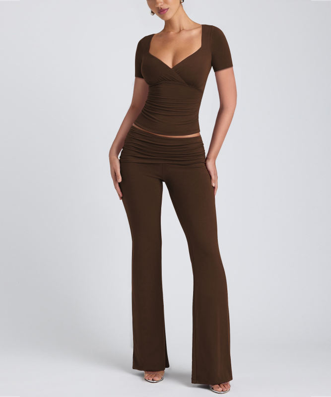 Coffee Pleated Detail Slim Fit Short Sleeve Top and Flare Pants Set
