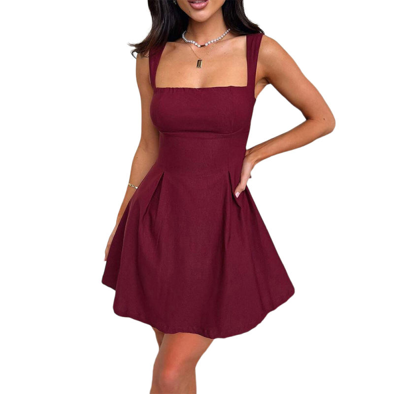 Burgundy Square Neck Back Lace-up Sleeveless Mini Dress