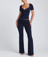 Navy Blue Pleated Detail Slim Fit Short Sleeve Top and Flare Pants Set