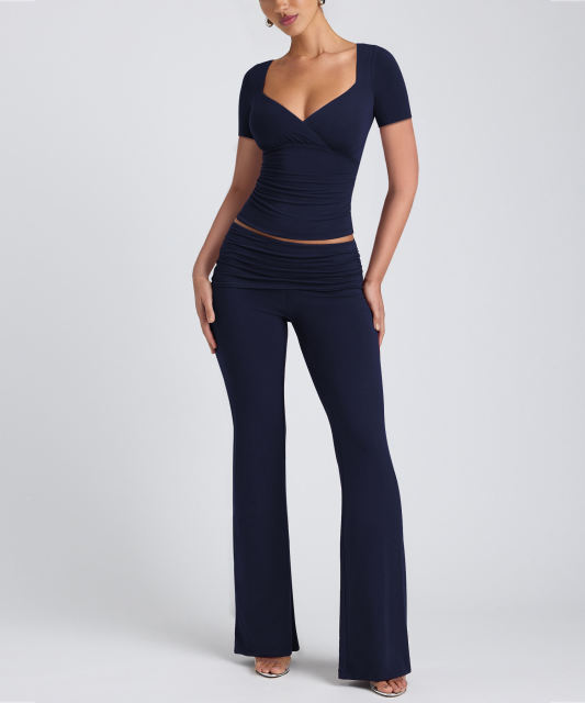 Navy Blue Pleated Detail Slim Fit Short Sleeve Top and Flare Pants Set
