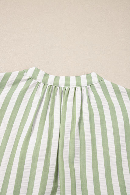 Green Stripe Bracelet Sleeve Tasseled Tied Neck Tiered Plus Size Mini Dress