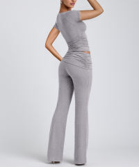Grey Pleated Detail Slim Fit Short Sleeve Top and Flare Pants Set