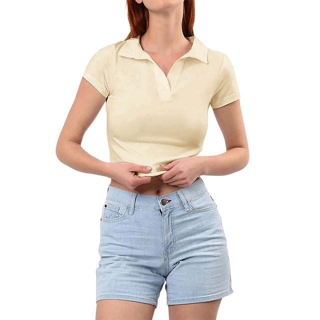 Apricot Lapel V Neck Short Sleeve Knit Crop Tops