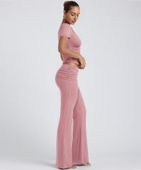 Pink Pleated Detail Slim Fit Short Sleeve Top and Flare Pants Set