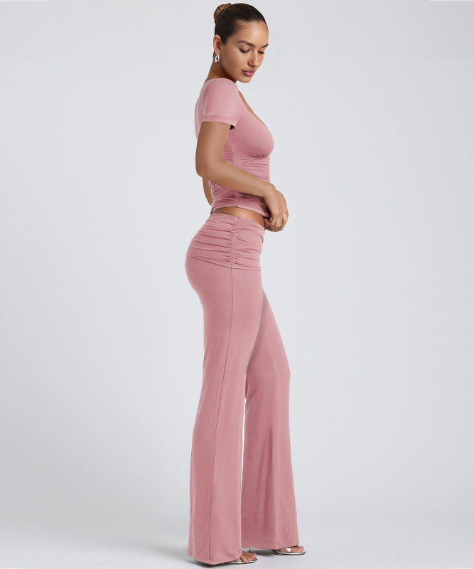 Pink Pleated Detail Slim Fit Short Sleeve Top and Flare Pants Set