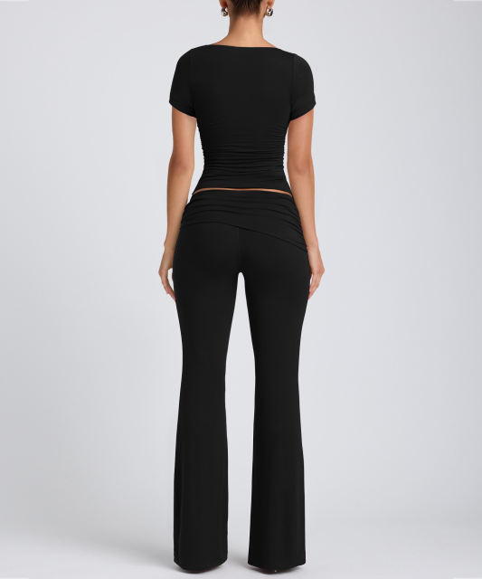 Black Pleated Detail Slim Fit Short Sleeve Top and Flare Pants Set