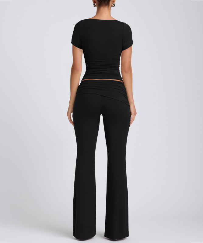 Black Pleated Detail Slim Fit Short Sleeve Top and Flare Pants Set