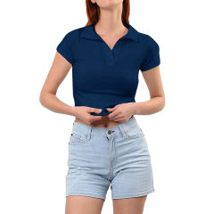 Navy Blue Lapel V Neck Short Sleeve Knit Crop Tops