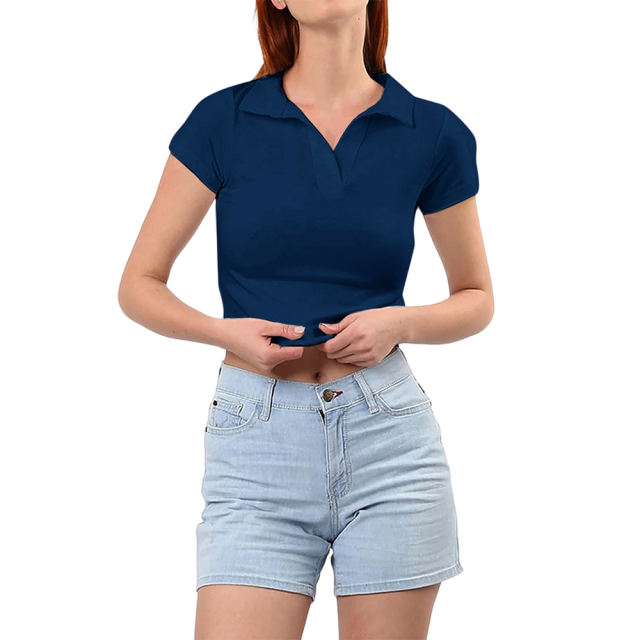 Navy Blue Lapel V Neck Short Sleeve Knit Crop Tops