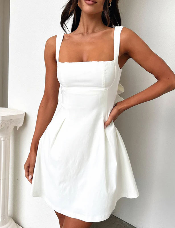 White Square Neck Back Lace-up Sleeveless Mini Dress