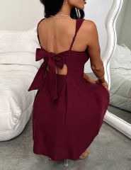 Burgundy Square Neck Back Lace-up Sleeveless Mini Dress