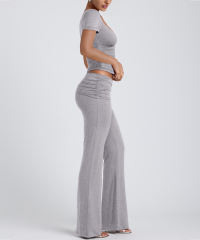 Grey Pleated Detail Slim Fit Short Sleeve Top and Flare Pants Set