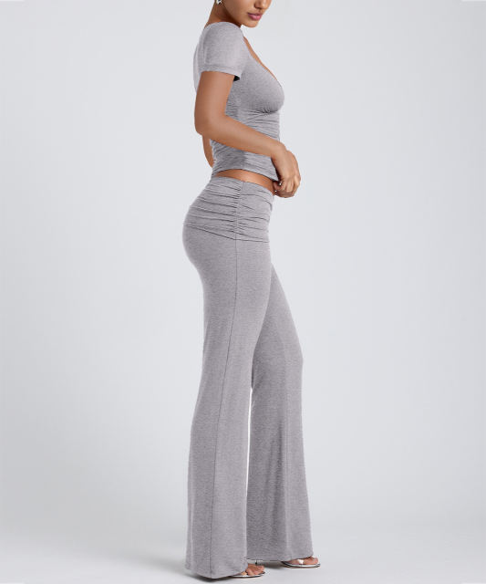 Grey Pleated Detail Slim Fit Short Sleeve Top and Flare Pants Set