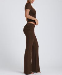 Coffee Pleated Detail Slim Fit Short Sleeve Top and Flare Pants Set