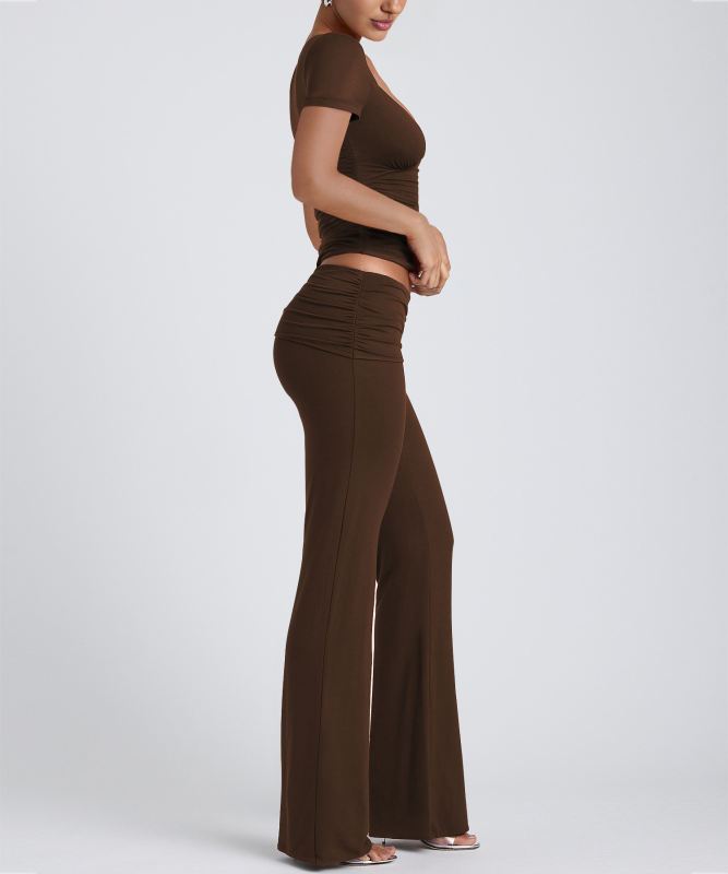 Coffee Pleated Detail Slim Fit Short Sleeve Top and Flare Pants Set