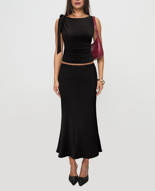 Black Lace-up Smocked Waist Tank Top and Maxi Skirt Set