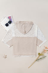 Khaki V Neck Floral Peace Sign Graphic Lace Patch Ribbed Plus Size Hooded Top