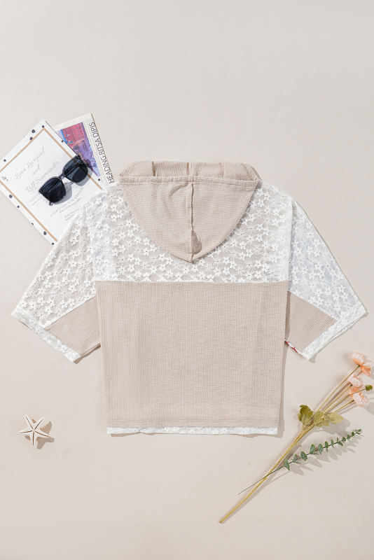 Khaki V Neck Floral Peace Sign Graphic Lace Patch Ribbed Plus Size Hooded Top