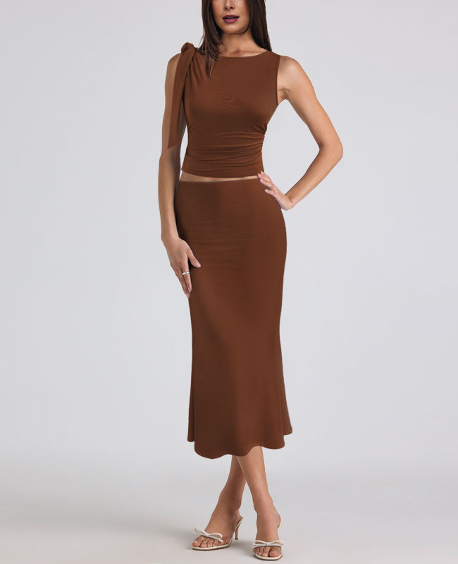 Brown Lace-up Smocked Waist Tank Top and Maxi Skirt Set