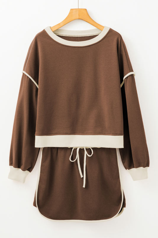 Coffee Color Contrast Loose Pullover and Lace-up Waist Skort Set