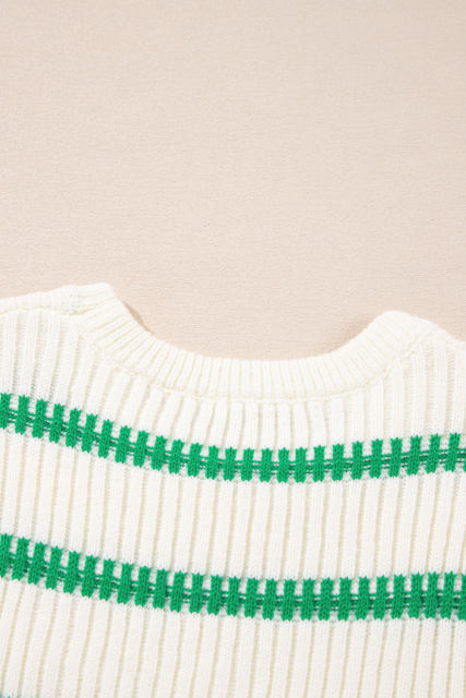 Bright Green Striped Round Neck Casual Sweater Vest