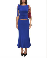 Blue Lace-up Smocked Waist Tank Top and Maxi Skirt Set