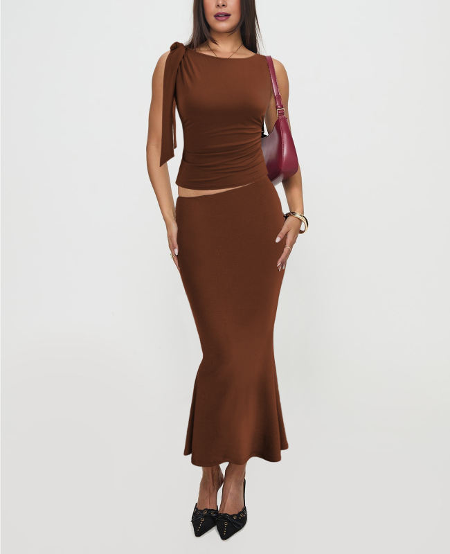 Brown Lace-up Smocked Waist Tank Top and Maxi Skirt Set