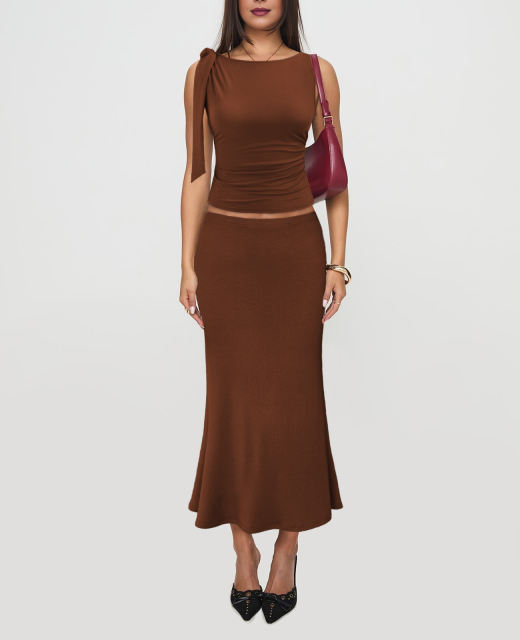 Brown Lace-up Smocked Waist Tank Top and Maxi Skirt Set